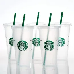 Starbucks Mugs 24oz 710ml Plastic Tumbler Reusable Black Drinking Flat Bottom Cups Pillar Shape Lid Straw FY4448 0626256E