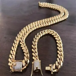 Bracciale da uomo a maglia cubana Miami con catena e catena placcata in oro 18 carati, chiusura con diamante da 14 mm198H