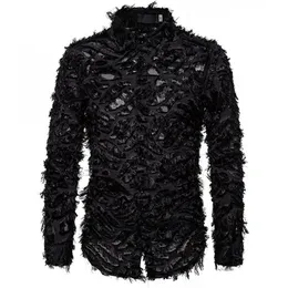 Camicia di pizzo nero sexy con piume da uomo 2021 Marchio di moda Cantante di discoteca Camicie eleganti da uomo Party Prom Camisa Social Masculina M236Q