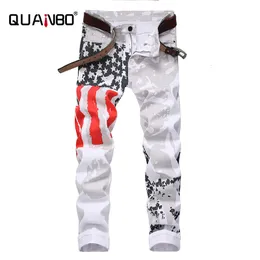 Jeans masculinos plus size 38 40 42 jeans brancos quanbo marca homens moda casual impresso jeans estiramento magro denim jogger calças 230918