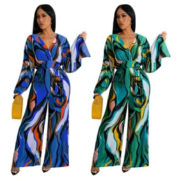 Print V-neck Jumpsuits Rompers Women Casual High Waist Bandage Long Playsuits Free Ship