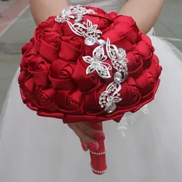 Red Silk Ribbon Butterfly Wedding Bridal Bouquets Artificial Flower Pearls Rhinestones Sweet 15 Quinceanera Bouquets W2216-A275l