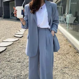 Frauen Zweiteilige Hosen Frauen Casual Hose Anzüge 2023 Herbst Blau Mode Lose Einreiher Jacke Mäntel Breite Bein Hosen vintage 2