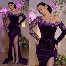 Plus Size Special Occasion Dresses Evening Dresses Mermaid Prom Party Gown New Custom Lace Up Zipper Long Sleeve Lace Purple Scoop Trumpet