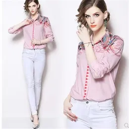 Design de moda europeu 2020 nova cor rosa feminina impressão turn down collar manga longa blusa camisa superior plus size s m l xl339c