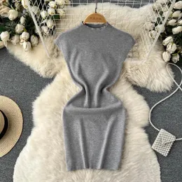 Casual Kleider Kleidung Für Frauen Kurze 2023 Mock Neck Ärmellose Stretch Gestrickte Kleid Party Nacht Club Sexy Bodycon