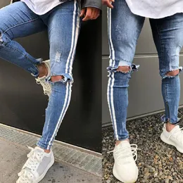 European American Street Fashion Men's Jeans ljusblå vit rand Hip Hop Pants Skinny Jeans Män förstörde Ripped Homme283b