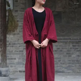 Kvinnors blusar kinesisk stil lång kimono blosue skjorta kvinnor vintage bomullslinne plus storlek blus toppar robe d055