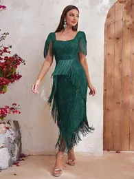 Hunter Green Arabo Prom Dress scollo quadrato Abiti da sera 2023 nappe Sirena lunga Abiti da festa Ruffles Ragazza africana Gala Paillettes Abiti da festa da sera