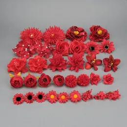 장식용 꽃 33pcs 붉은 인공 실크 꽃 머리 세트 대량 가짜 크리스마스 트리 장식