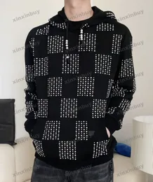 xinxinbuy erkekler tasarımcı hoodie sweatshirt 24ss dama tahtası desen mektubu nakış uzun kollu kadınlar siyah xs-2xl