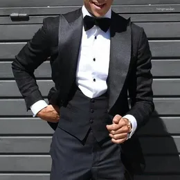 Męskie garnitury Najnowsze projekt płaszcza Projekt Pant Formalny 3 -częściowy garnitur ślubny dla mężczyzn czarny z satynową męską kostiumem Man Man Custom