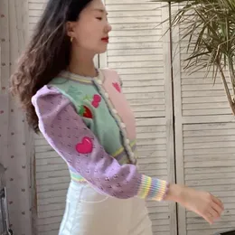 Женский трикотаж 2023, женский осенний вязаный милый свитер с вишневой вышивкой в стиле пэчворк, укороченный сексуальный дизайн 90-х, нежная универсальная эстетика