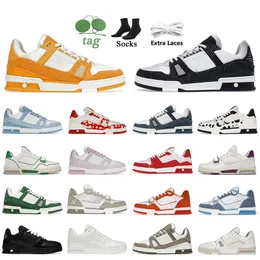 Lyx kvinnor herr designer casual skor monograms denim rosa blommor blå virgil präglade abloh vita svarta run designers tränare plattform kalv läder sneakers