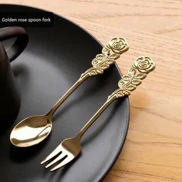 Spoons Creative Royal Rose Spoon Fork Coffee Stir European Retro Style Golden Fruit Stainless Steel Dessert Specialty