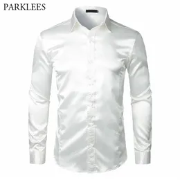 Men's Long Sleeve Silk Satin Dress Shirt 2018 Brand New White Wedding Tuxedo Shirt Men Slim Fit Business Social Shirts Chemis243d