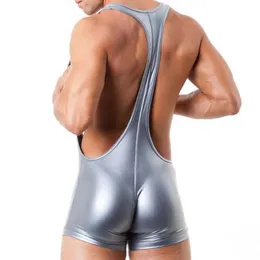 Unterhosen Männer Kunstleder PU Unterhemd Wrestling Einteiler Singlet Sexy Boxer Overall Hosenträger Unterwäsche Exotische Riemen Bodys245e