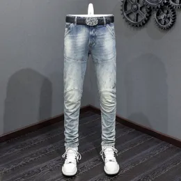 Jeans masculinos streetwear moda homens retro lavado estiramento azul slim fit biker emendado designer hip hop denim calças hombre 230918