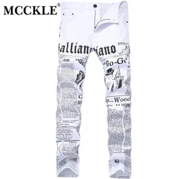 MCCKLE 2017 Outono Calças Jeans Masculinas Impressão Branca Jornal Calça Casual Mens Pintado Jeans Skinny Para Homem tamanho 28-421277K