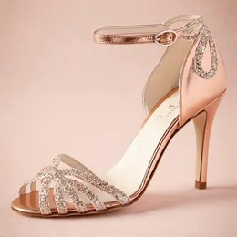 Rose Gold Lśniące obcasy Prawdziwe buty ślubne Sandały Złotą skórzaną klamrę zamykająca Glitter Party Dance High Vapped Obcasy Women218b