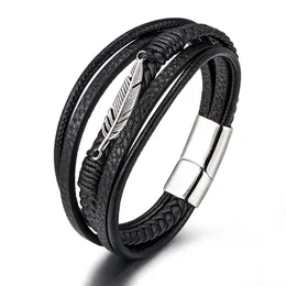 Cool Men Jewelry Multi Layered Leather Bracelet Stainless Steel Feather Charm Buckle Cuff Bangle for Gift