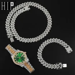 Hip Hop 13 5MM 3PCS KIT Orologio pesante Polo Collana cubana Bracciale Bling Cristallo Ghiacciato Strass Catene per uomo Gioielli276g