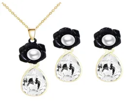 Schwarze Blume Perle Tropfen Kristall Halskette Ohrringe Brautschmuck Set hochwertiger günstiger Schmuck für Frauen 800068646505
