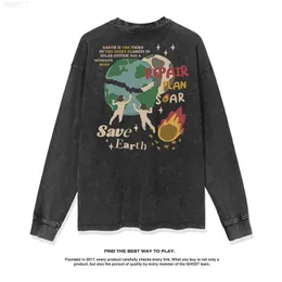 Sonbahar ve Kış Yeni Tasarım Amerikan Sokak El Boyunlu Melek Dünya Baskı Moda Uzun Kollu T-Shirt Gevşek Yıkanmış Moda İşareti