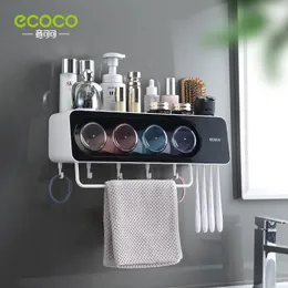 Tandborstehållare EcoCo Est Wall Mount Toothbrush Cup Holder Multifunktionella badrumstillbehör Arrangörsställ med handdukstång 230918