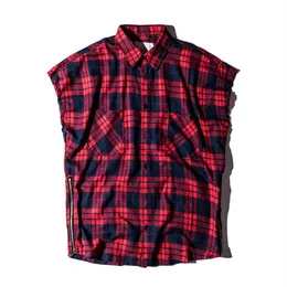 Modemärke pläd skjorta män hip hop ärmlösa skjortor herr sido blixtlås shirtcamisa maskulina swag plus size2352