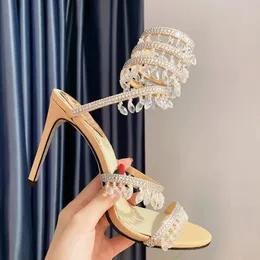 Turquesa pingente decoração embelezado stiletto saltos sandálias 10mm strass metal arma cor mulheres de salto alto designers de luxo wraparound vestido sapatos