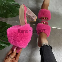 Slippers Plus Size Woolen Slippers for Women Summer New Fashion One-word High Heel Rhinestone Comfortable Slippers Zapatillas Planas x0916