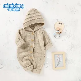 Rompers Baby with Hood Long Sleeve born Boy Girl Button Jumpsuits Autumn Winter Warm Knitted Toddler Infant Outwear Outfits 230918