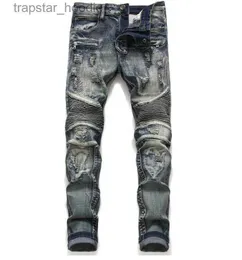 Mäns jeans herrar klassiska cyklist jeans manliga smala rak knä draperi moto cyklist jeans förstörda rippade stretch hip hop byxor l230918