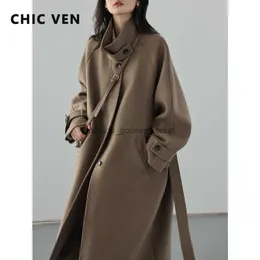 Women's Wool Blends CHIC VEN Women's Long Trencn Coat Standing Belt Lace Up Woolen Coat Raglan Sleeves Long Overcoat Office Lady Autumn Winter 2023L230918