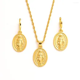 Kolye küpeler seti altın Hıristiyan Kolye 18K Sarı Dolgulu Satı Virgin Mary Totus Tuus Medallion Vintage Oval Coin Our Lady