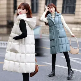 Kvinnors västar Autumn Winter Women Down Cotton Vest Coat Fashion Glossy Standing Collar Sleeveless Jacket Kvinnlig lång väst