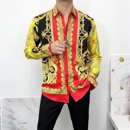 Men's Casual Shirts Baroque Royal Yellow Shirt Men Fashionable Gold Flower Top 2022 Luxury Designer Long-sleeved Party Prom C301m