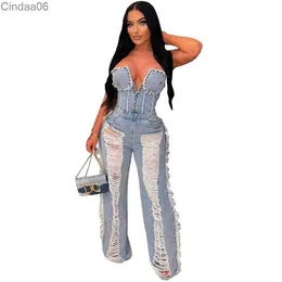 Womens Jumpsuits Rompers Summer Autumn Fashion Tassel Broken Hole Nail Drill Wash Denim Jumpsuit Bodysuit For Female