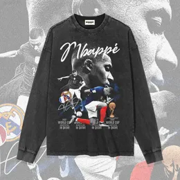 Nova camisa francesa de manga comprida com estampa estrela da Copa do Mundo Mbappé para homens e mulheres, top de futebol da moda de algodão puro desgastado