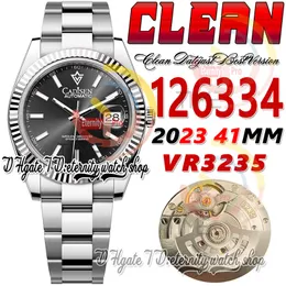 クリーンCF日付41MM 126334 VR3235自動メンズウォッチフルーテッドベゼルブラックダイヤルスティックマーカー904Lオイスタースチールブレスレットスーパーエディションエタニティ