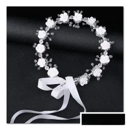 Acessórios de cabelo Nupcial Cristal Branco Flor Coroa Meninas Estéreo Flores Fita Arcos Princesa Grinalda Childrens Day Party Garland Access Dh8kt