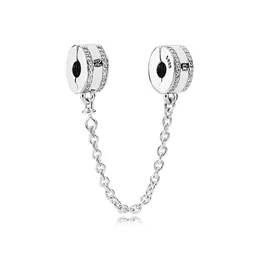Fashion Women 925 Sterling Silver Clear CZ Safety Chain Clip fit Pandora Charms Bracelet DIY Jewelry Making296n