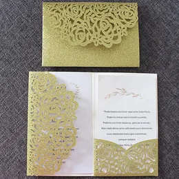 豪華なグリッターゴールドの結婚式の招待状透明な封筒パーソナライズされたインサートローズレーザーカッティングパーティーポケットInvitno Inner No167f