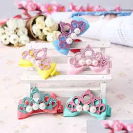 Hair Accessories Ashion Children Clips Shiny Crown With Pearl Barrettes Ribbon Bow Baby Girl Pins Haar Speldjes Meisje Drop Delivery K Dhoef