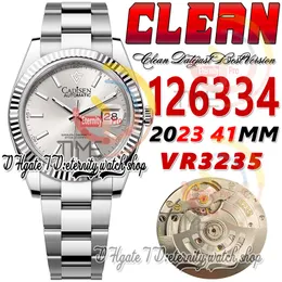 Clean CF Date 41 mm 126334 VR3235 Automatik-Herrenuhr mit geriffelter Lünette, silbergraues Zifferblatt, Strichmarkierungen, 904L OysterSteel-Armband, Super Edition Eternity Hombre-Uhren