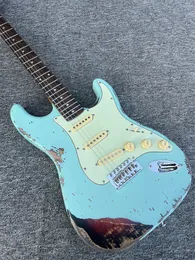 Pesado relíquia st guitarra elétrica alder corpo bordo pescoço envelhecido ferragem cor azul acabamento laca nitro pode ser personalizado