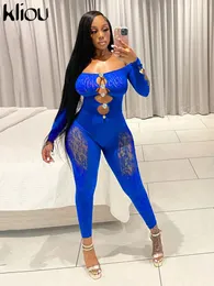 Women s Two Piece Pants Kliou Sexy Hollow Out See Through Jumpsuit Solid Seductive Midnight Off Shoulder Long Sleeve Body Shaping Clubwear Outfit 230918