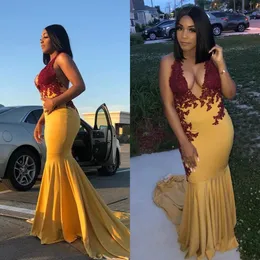 Evening Dresses Gold Prom Party Gown Custom Formal New Zipper Plus Size Mermaid Elastic Satin Lace Up Sleeveless Dark Red Applique Backless Halter