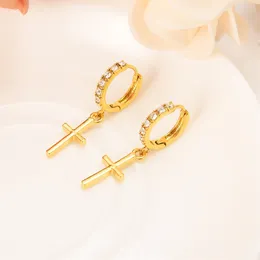 Boucle d'oreille en Zircon spécial Christian Vogue True Real 22 K 24 K Baht thaïlandais plaqué or jaune Crucifix croix breloque intemporelle boucles d'oreilles261Z